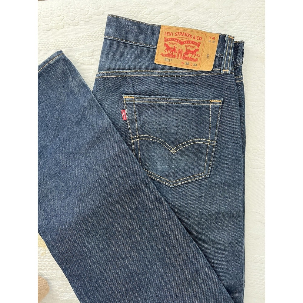 Levis 501 Mens Jeans 38x34 Dark Wash Indigo Button Fly Straight Leg FITS 38x33